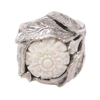 Sterling silver and bone cocktail ring, 'Leafy Flower' - Floral Sterling Silver and Bone Cocktail Ring from Java
