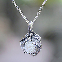 Sterling silver pendant necklace, 'Leafy Flower' - Floral Sterling Silver Pendant Necklace from Bali