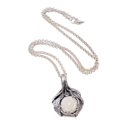 Sterling silver pendant necklace, 'Leafy Flower' - Floral Sterling Silver Pendant Necklace from Bali
