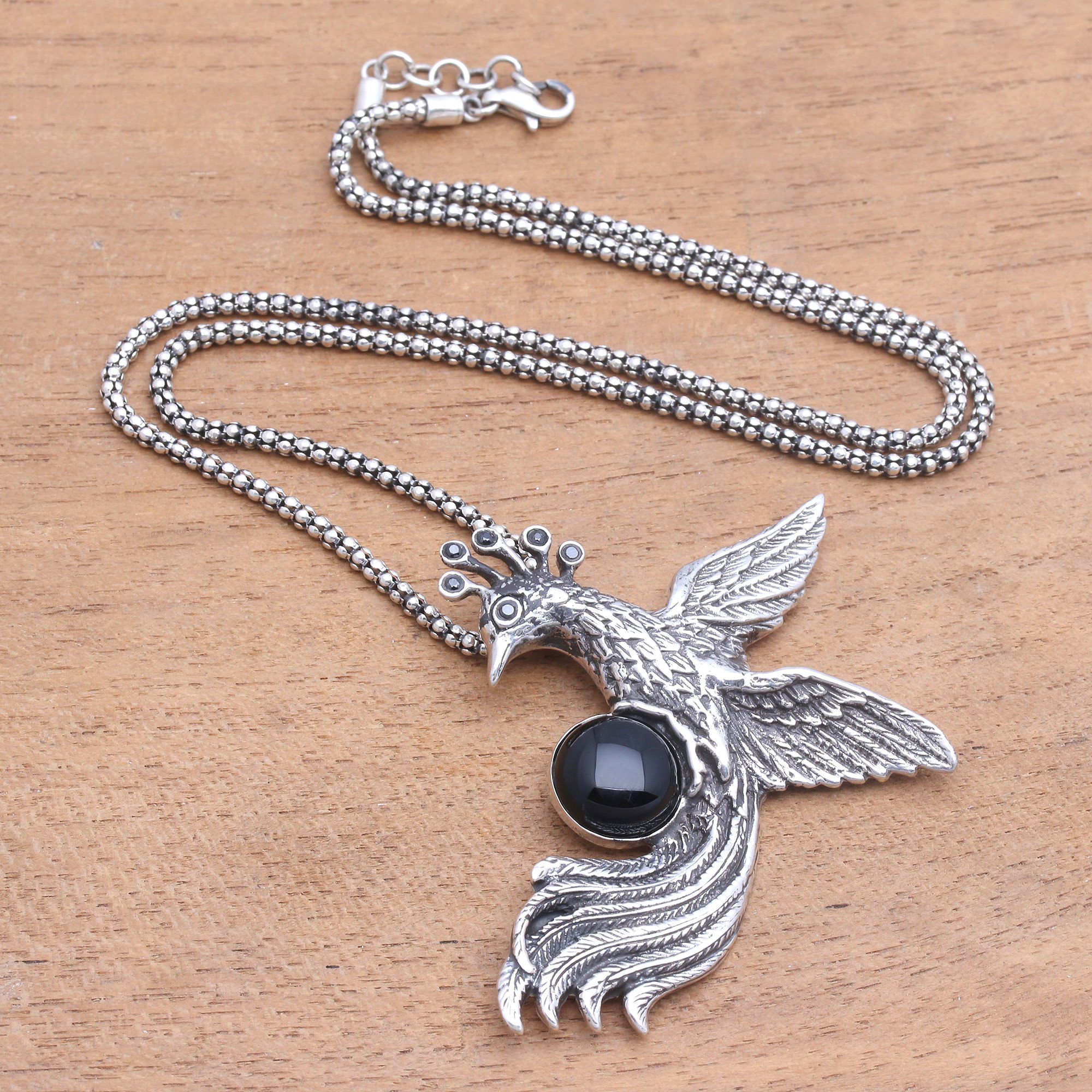 Onyx Phoenix Pendant Necklace from Bali Phoenix Cradle NOVICA