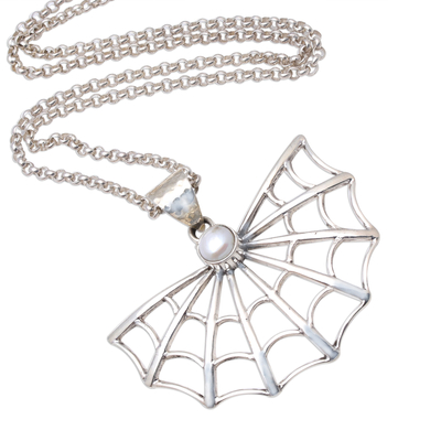 Cultured pearl pendant necklace, 'Glowing Web' - Cultured Pearl Spider Web Pendant Necklace from Bali