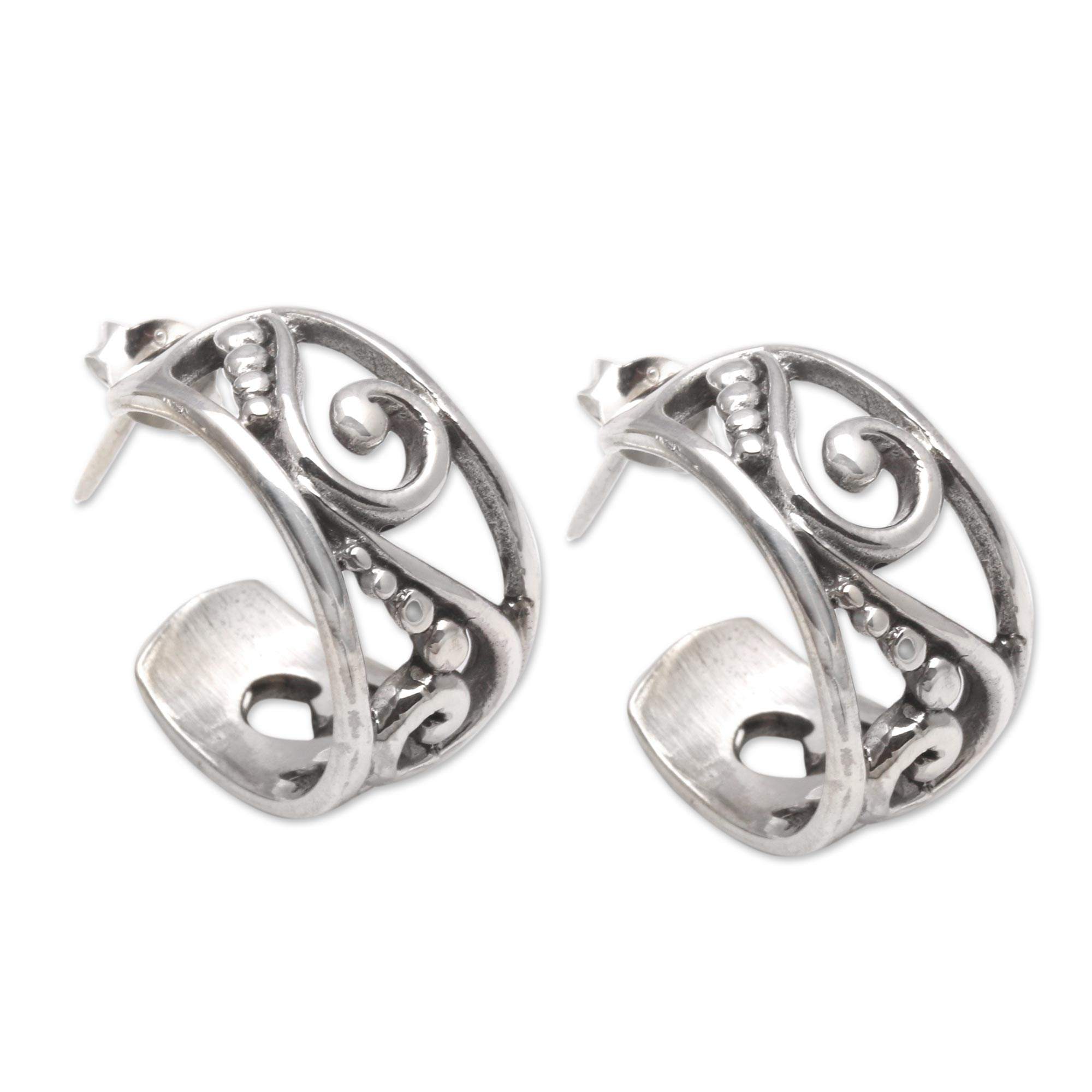 Swirl Pattern Sterling Silver Half-Hoop Earrings from Bali - Feminine ...