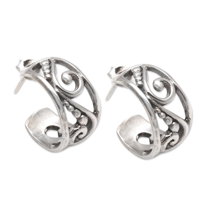 Swirl Pattern Sterling Silver Half-Hoop Earrings from Bali