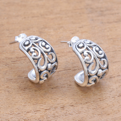 Sterling silver half-hoop earrings, 'Swirling Trellis' - Openwork Swirl Pattern Sterling Silver Half-Hoop Earrings