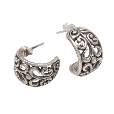 Sterling silver half-hoop earrings, 'Swirling Trellis' - Openwork Swirl Pattern Sterling Silver Half-Hoop Earrings