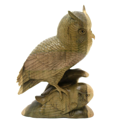 Wood sculpture, 'Owl Shelter' - Hibiscus Wood Sculpture of Two Owls from Bali