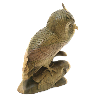 Wood sculpture, 'Owl Shelter' - Hibiscus Wood Sculpture of Two Owls from Bali