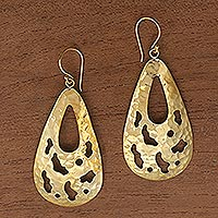 Brass dangle earrings, 'Abstract Tears' - Abstract Pattern Teardrop Brass Dangle Earrings from Bali