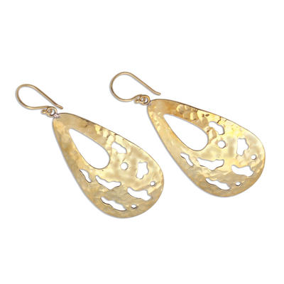Brass dangle earrings, 'Abstract Tears' - Abstract Pattern Teardrop Brass Dangle Earrings from Bali