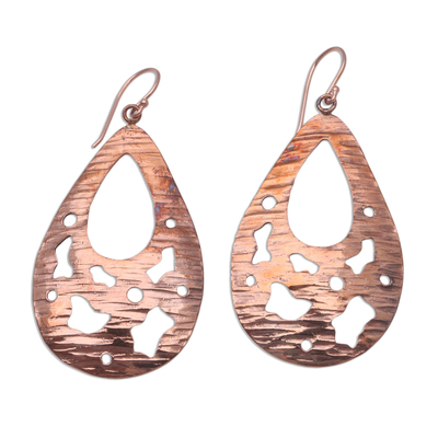 Pendientes colgantes de cobre, 'Abstracciones de gota de rocío' - Pendientes colgantes de cobre abstractos elaborados en Bali