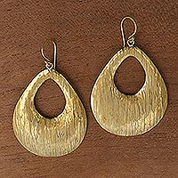 Drop-Shaped Textured Brass Dangle Earrings from Bali,'Denpasar Drops'