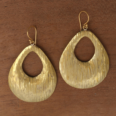 Brass dangle earrings, 'Denpasar Drops' - Drop-Shaped Textured Brass Dangle Earrings from Bali