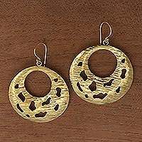 Brass dangle earrings, 'Bali Crescents' - Round Abstract Motif Brass Dangle Earrings from Bali