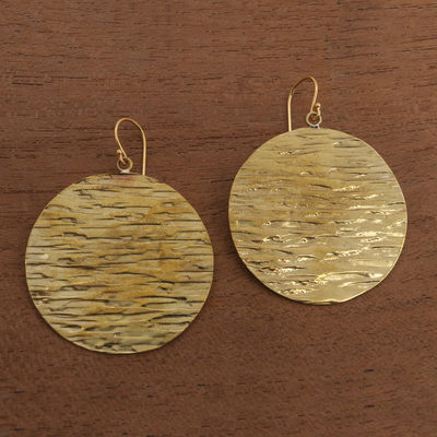 Brass dangle earrings, 'Elegant Moons' - Round Textured Brass Dangle Earrings from Bali
