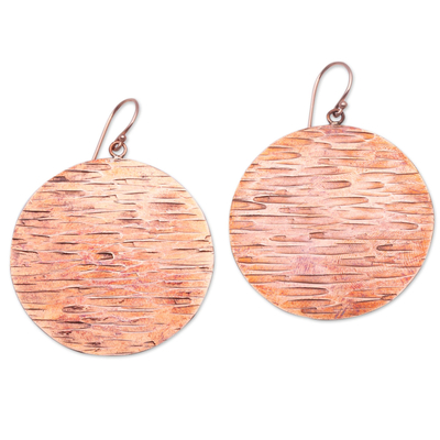 Copper dangle earrings, 'Elegant Moons' - Round Textured Copper Dangle Earrings from Bali