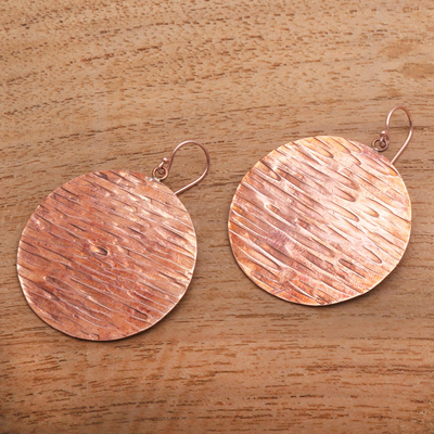 Copper dangle earrings, 'Elegant Moons' - Round Textured Copper Dangle Earrings from Bali