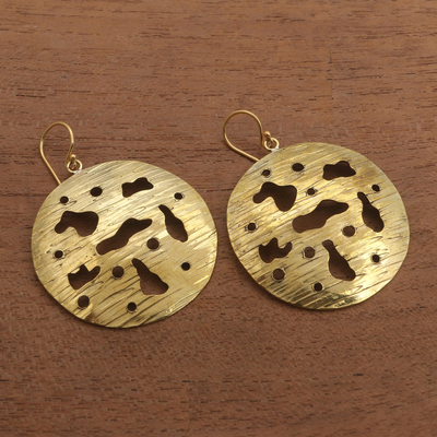 Brass dangle earrings, 'Abstract Suns' - Circular Abstract Brass Dangle Earrings from Bali
