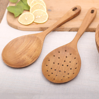 Teak wood serving spoons, 'Elegant Service' (pair) - Teak Wood Serving Spoons Crafted in Bali