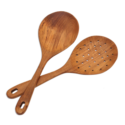 Teak wood serving spoons, 'Elegant Service' (pair) - Teak Wood Serving Spoons Crafted in Bali