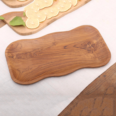Teak wood platter, 'Bali Wave' - Wavy Teak Wood Platter Handcrafted in Bali