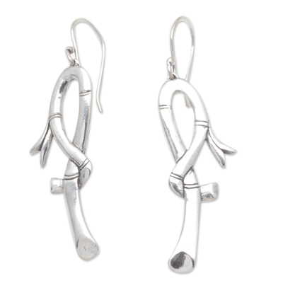 Sterling silver dangle earrings, 'Bamboo Hooks' - Hook-Shaped Sterling Silver Dangle Earrings from Bali