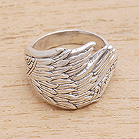 Sterling silver band ring, 'Wing Feathers' - Sterling Silver Wing Band Ring from Bali