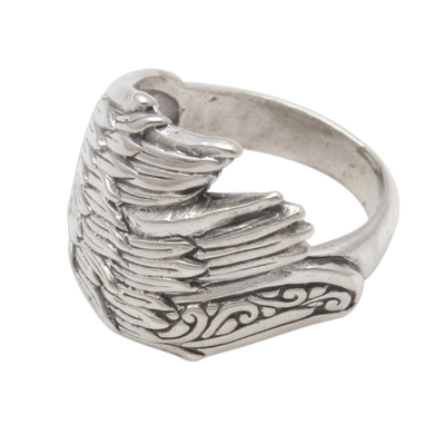 Sterling silver band ring, 'Wing Feathers' - Sterling Silver Wing Band Ring from Bali