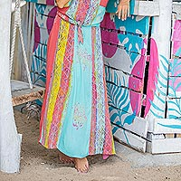 Falda larga de rayón batik, 'Bali Rainbow' - Falda larga de rayón batik hecha a mano