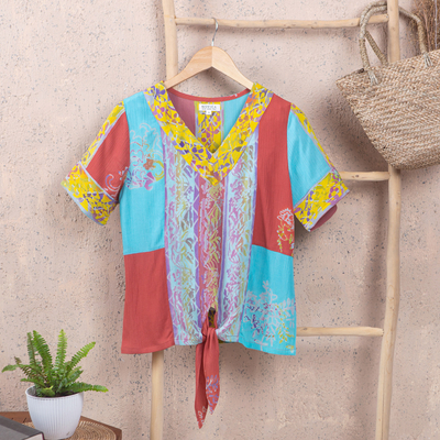 Batik rayon blouse, 'Bali Rainbow' - Tie-Front Short-Sleeved Rayon Blouse