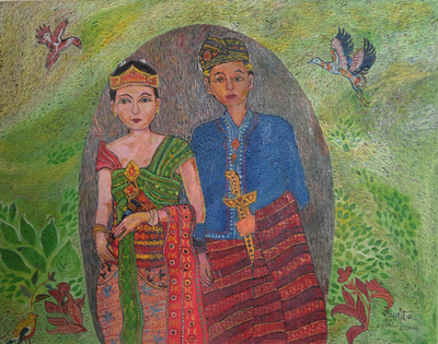 Signed Naif Painting of Balinese Newlyweds (2019)