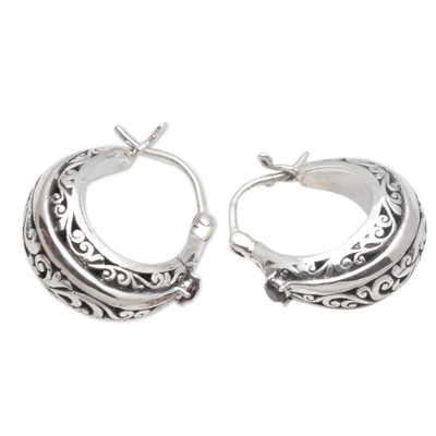 Garnet hoop earrings, 'Glimpse of Elegance' - Swirl Pattern Garnet Hoop Earrings from Java