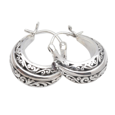 Garnet hoop earrings, 'Glimpse of Elegance' - Swirl Pattern Garnet Hoop Earrings from Java