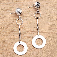 Round Sterling Silver Dangle Earrings from Java,'Loop Gleam'