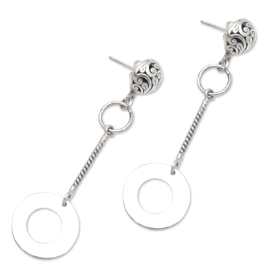 Sterling silver dangle earrings, 'Loop Gleam' - Round Sterling Silver Dangle Earrings from Java