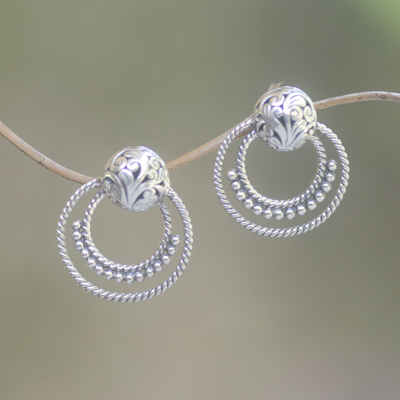 Pendientes colgantes de plata de ley - Aretes colgantes de plata esterlina con patrón de anillo de Java