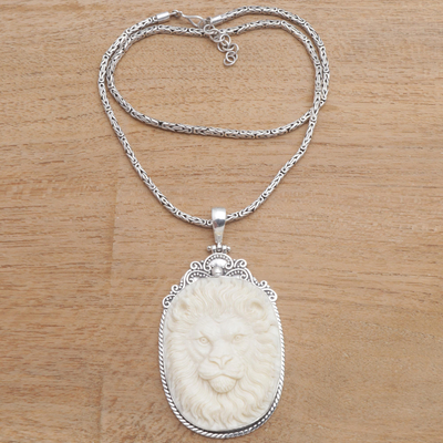 Sterling silver pendant necklace, 'Face of Bravery' - Sterling Silver Lion Pendant Necklace from Java