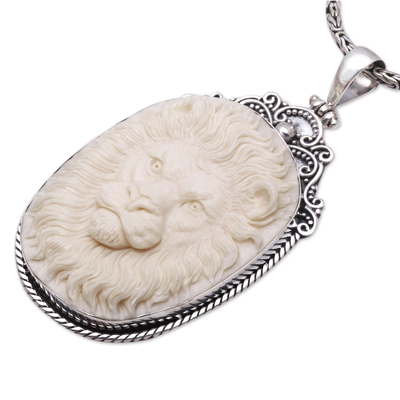 Sterling silver pendant necklace, 'Face of Bravery' - Sterling Silver Lion Pendant Necklace from Java