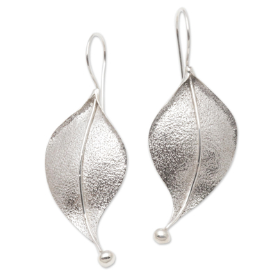 Sterling silver drop earrings, 'Curved Leaves' - Modern Leaf-Shaped Sterling Silver Drop Earrings from Bali