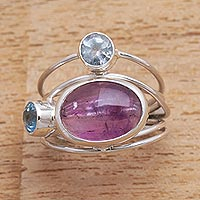 Amethyst and blue topaz cocktail ring, 'Beautiful Accompaniment'