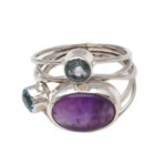 Amethyst and blue topaz cocktail ring, 'Beautiful Accompaniment' - Amethyst and Blue Topaz Cocktail Ring from Bali