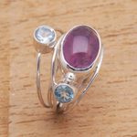 Amethyst and blue topaz cocktail ring, 'Beautiful Accompaniment' - Amethyst and Blue Topaz Cocktail Ring from Bali