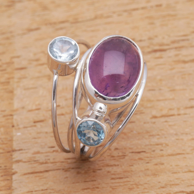 Amethyst and blue topaz cocktail ring, 'Beautiful Accompaniment' - Amethyst and Blue Topaz Cocktail Ring from Bali