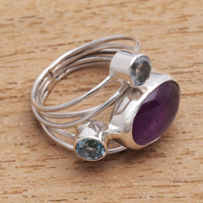 Amethyst and blue topaz cocktail ring, 'Beautiful Accompaniment' - Amethyst and Blue Topaz Cocktail Ring from Bali