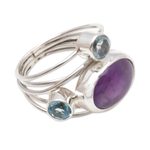 Amethyst and blue topaz cocktail ring, 'Beautiful Accompaniment' - Amethyst and Blue Topaz Cocktail Ring from Bali