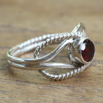Garnet solitaire ring, 'Captured Gem' - Wire Pattern Garnet Solitaire Ring from Bali