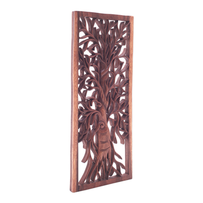 Panel en relieve de madera - Panel de relieve de madera de suar de árbol intrincado de Bali