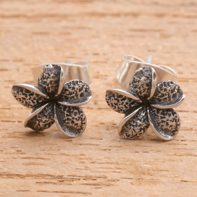 Sterling silver stud earrings, 'Dark Jepun' - Frangipani Flower Sterling Silver Stud Earrings from Bali
