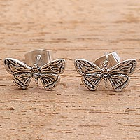 Sterling silver stud earrings, 'Pretty Wings' - Sterling Silver Butterfly Wing Stud Earrings from Bali