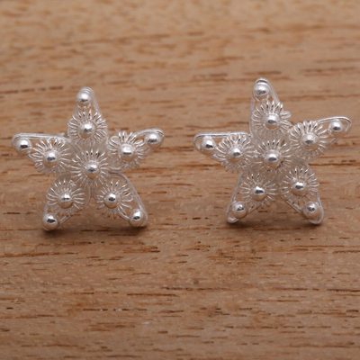 Sterling silver button earrings, 'Stars of Stars' - Sterling Silver Star Button Earrings from Bali