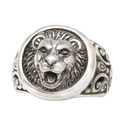 Men's sterling silver ring, 'Lion Strength' - Men's Sterling Silver Lion Ring from Bali